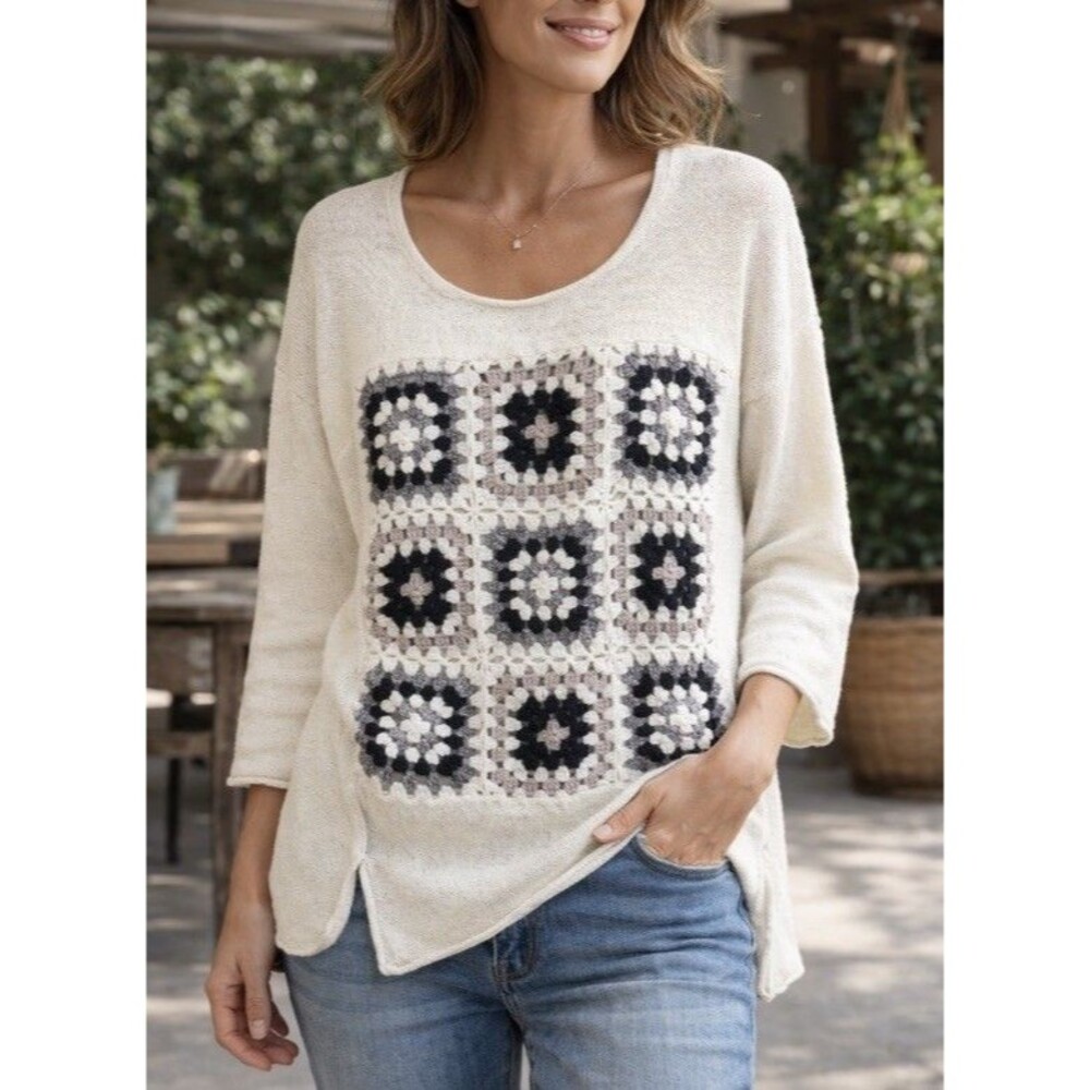 Akira Granny Square Crochet Sweater M Ivory Cotton Boho Cottagecore Prairie